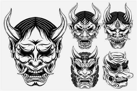 Set Bundle Dark Art Japanese Devil Oni Mask Tattoo Hand Drawn Engraving Style 9750872 Vector Art ...