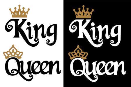 King and queen - couple design. Black text and gold crown isolated on ...