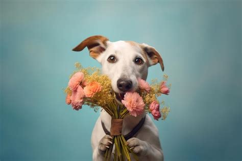 Premium AI Image | Cute dog holding flowers Generative AI