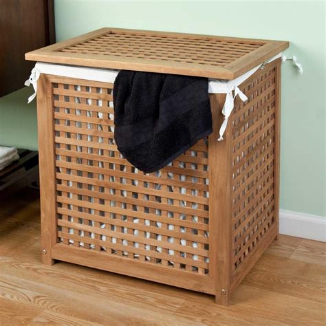 Hinged Lid Teak Clothes Hamper with Liner | Laundry hamper, Wood laundry hamper, Clothes hamper