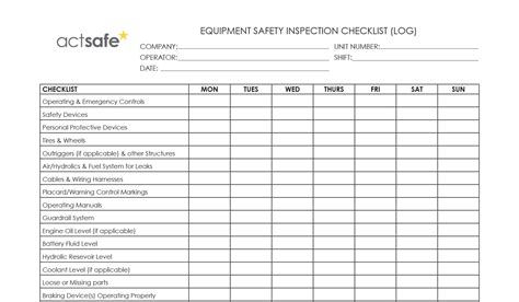 Equipment Safety Inspection Log – Checklist | Actsafe Safety Association