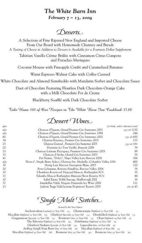 Menu at White Barn Inn, Auberge Resorts Collection, Kennebunk, 37 Beach Ave