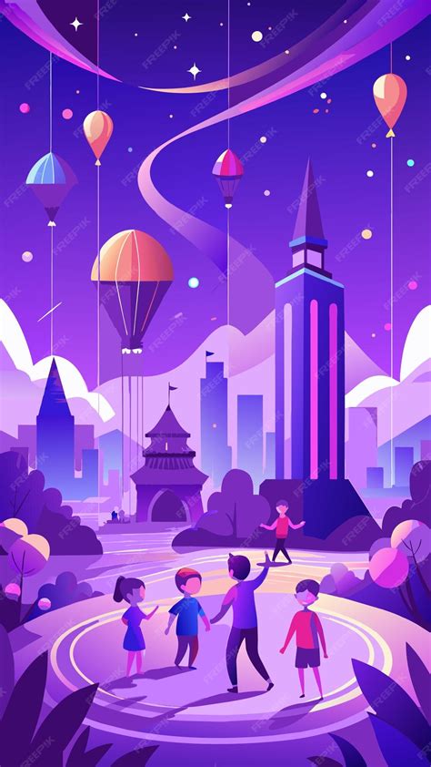 Premium Vector | A cartoon of people in a city with a balloon and a ...