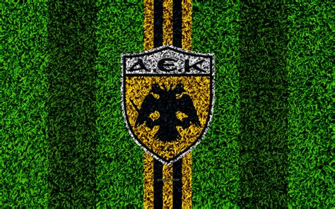 Download wallpapers AEK Athens FC, logo, 4k, football lawn, Greek ...