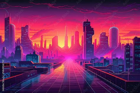 Beautiful Cyberpunk Cityscape with a sunset, Glitchy Animation style ...