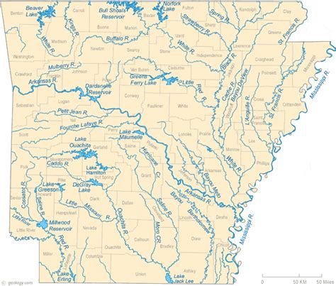 Map of Arkansas Lakes, Streams and Rivers