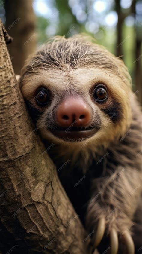 Premium AI Image | A sloth hanging upside down from a tree branch its face peering out from ...