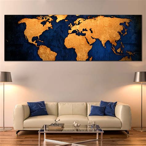 World Map Canvas Print, Gold World Map 1 Piece Canvas Wall Art, Blue B ...