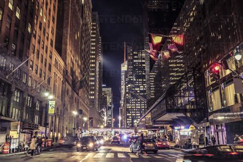 USA, New York City, street scene at night stock photo