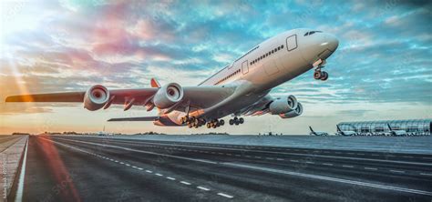 Airplane taking off from the airport. Stock Photo | Adobe Stock