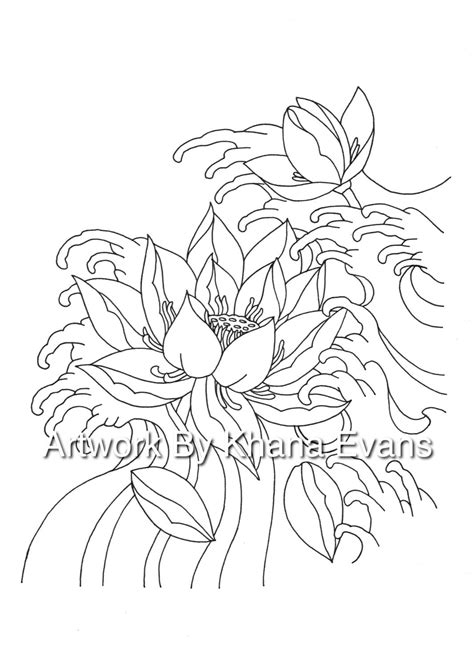 Japanese Lotus Flower Tattoo Design PDF A4 Printout Colouring Page Sheet Hand Drawn Pen Colour ...