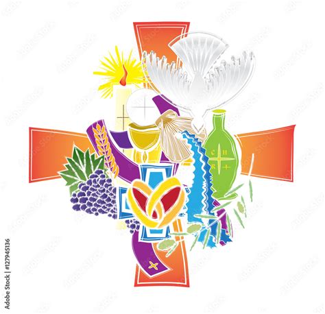 Symbols of the seven sacraments of the Catholic Church. Abstract artistic modern color vector ...