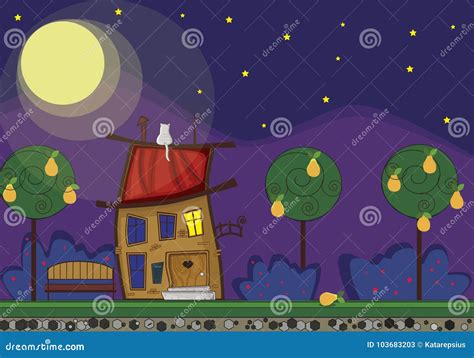 Cute Cartoon Fabulous House with Light in Window at Night Time, Stock ...