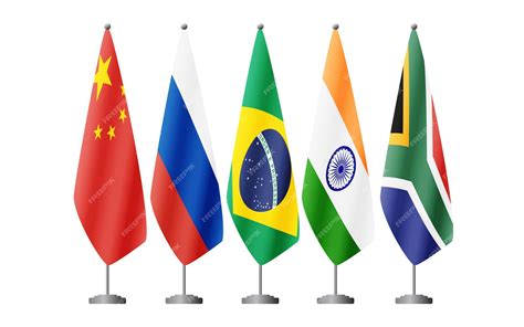 Premium Vector | Five brics countries flags on flag stands vector