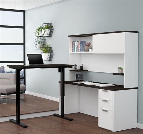 L-shaped Desk & Hutch with Height Adjustable Side, in White & Deep Gra – ComputerDesk.com