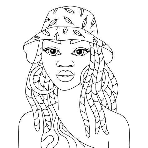 African black woman braids hairstyle with summer cap afro girl vector coloring illustration ...