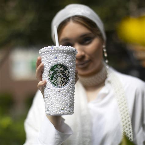 White Personalized Starbucks Tumbler With Pearls Bedazzled - Etsy