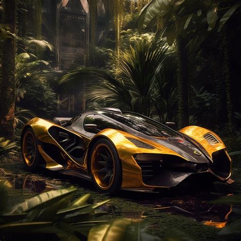 Premium AI Image | A gold bugatti veyron is in the middle of a forest.