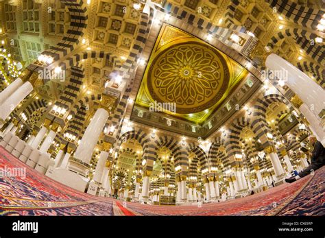 Interior of Masjid (mosque) Nabawi in Al Madinah, Saudi Arabia. Nabawi mosque is the 2nd holiest ...