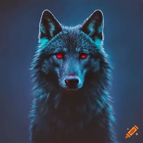 A black metal wolf, red glowing eyes, indigo fire background, at night. editorial style, fine ...