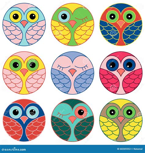 Nine Funny Owl Faces in a Circle Stock Vector - Illustration of button, cartoon: 60269353