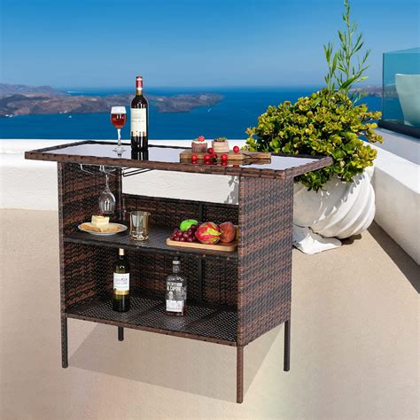 Buy Furnivilla Outdoor Bar Table Patio Rattan Wicker Bar Table with Glass Top Table,Outdoor ...