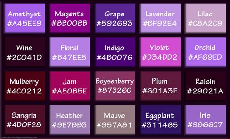 Shades of Purple & Names with HEX, RGB Color Codes