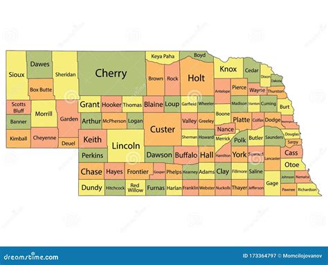 Nebraska County Map stock vector. Illustration of iowa - 173364797