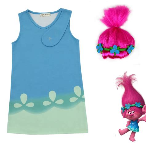 New Cartoon Trolls girl dress Kids princess shirt trolls cosplay costume with hair headpiece cap ...