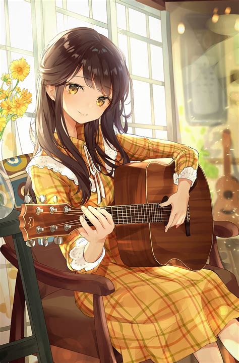 Anime Girl, Instrument, Music, Brown Hair, Playing Guitar, Cute, anime ...