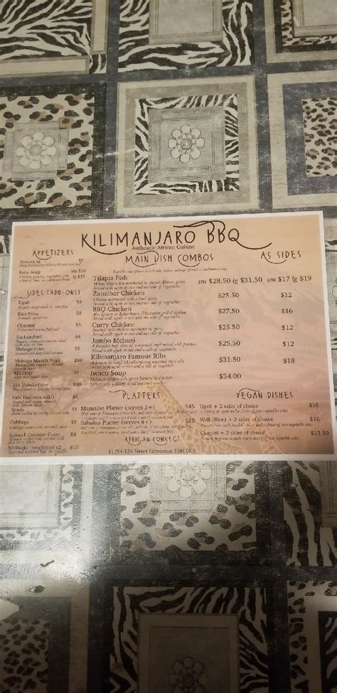 Menu at KILIMANJARO BBQ, Edmonton