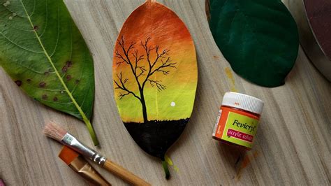 Leaf painting | leaf art painting| Acrylic paint on leaf | how to paint sunset scene in leaf ...