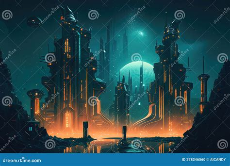 Futuristic City Skyline with Metallic Accents Stock Illustration - Illustration of evolution ...