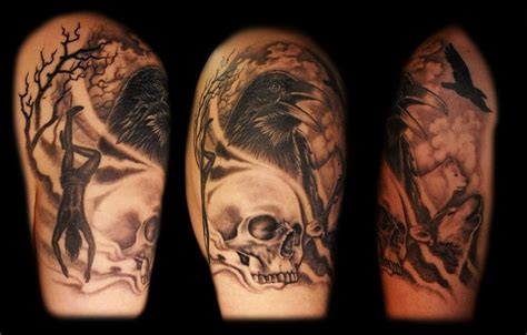 Scary raven and skull tattoo