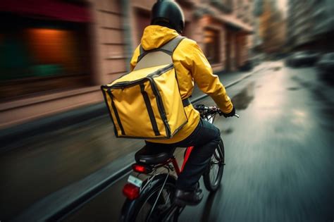 Premium AI Image | Unrecognizable Courier Delivering Food In Yellow Backpack Riding Bike Outside