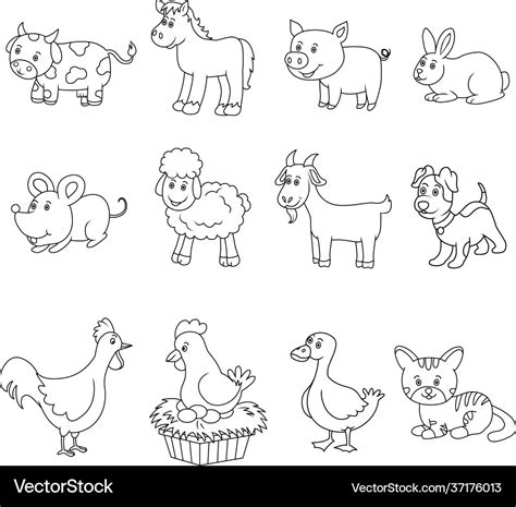 Set farm animal cartoon black line drawing Vector Image