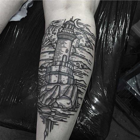 Woodcut style lighthouse tattoo by Kola Hari - Tattoogrid.net