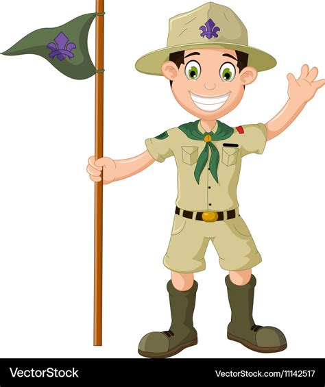 Cute boy scout cartoon holding pole yelling Vector Image