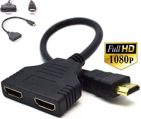 1080P HDMI Male to Dual HDMI Female 1 to 2 Way Splitter Cable Adapter ...