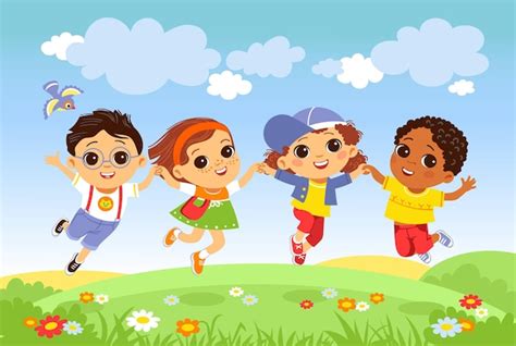 Premium Vector | Kids jumping grass. Happy children having fun on nature, joyful boys and girls ...