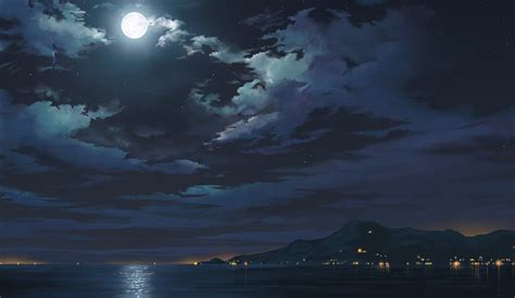 #Anime #Original #Cloud #Landscape #Moon #Ocean #Sky #720P #wallpaper # ...