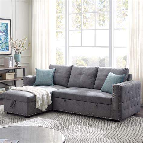 91" Reversible Sleeper Sectional Sofa 3-seat Pull-Out Sofa-Bed Sleeper Sofa Bed Light Gray ...