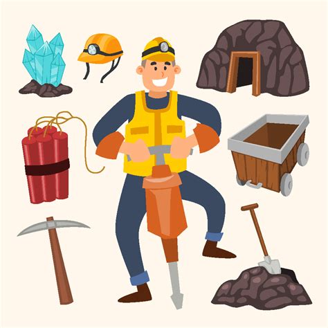 Miner Tools Equipment Object find minerals and gold working in tunnel with helmet, pickaxe ...