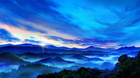 Anime, Mountain, Landscape, Sunrise, Scenery, 4K, #96 Wallpaper PC Desktop