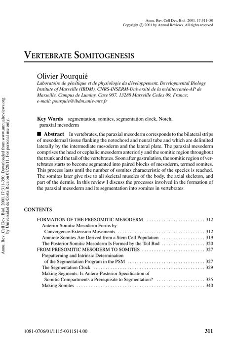 (PDF) Vertebrate somitogenesis (Review)