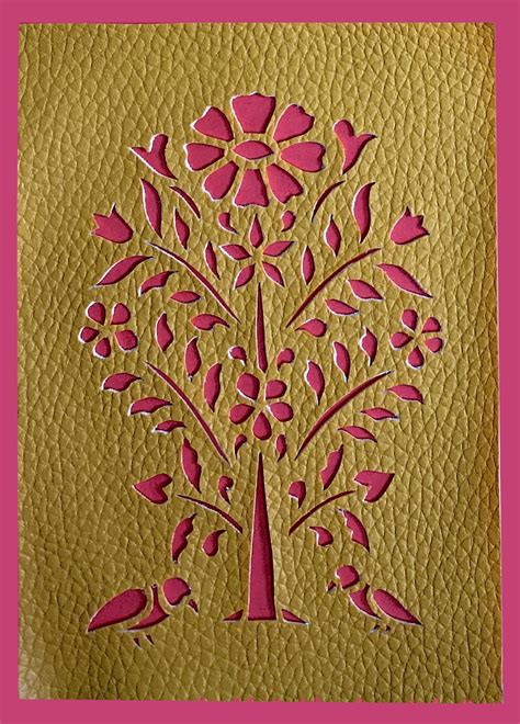 Tree of life - Sanjhi (faux leather, 10.5 by 14.5 cm) - International Indian Folk Art Gallery