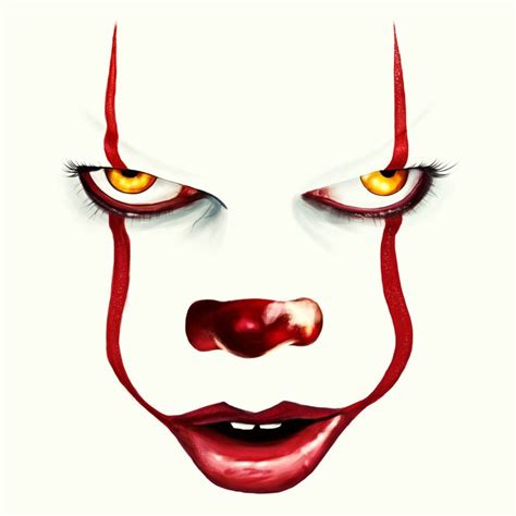 a close up of a clown's face with yellow eyes