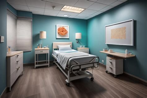 Premium AI Image | A hospital room with a blue wall that has a picture of a orange sign on it.