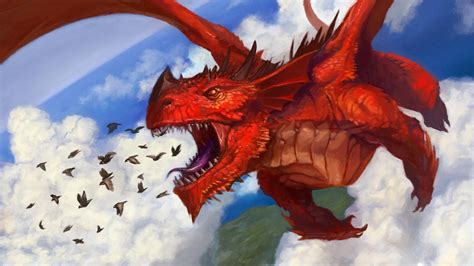 Red dragon about to eat birds digital wallpaper, dragon, fantasy art HD ...