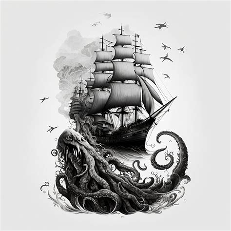 Pirate Ship Vs. Kraken Tattoo Design White Background PNG File Download ...